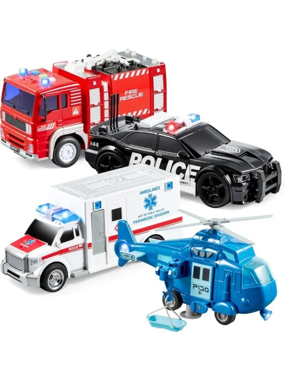 Emergency Vehicle Toy Playset - Friction-Powered Fire Truck, Ambulance & Police